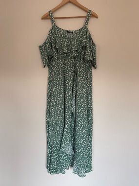 BloomChic Elegant Green Ditsy Floral Wrap Cold Shoulder Ruffle Midi Dress Sz 10